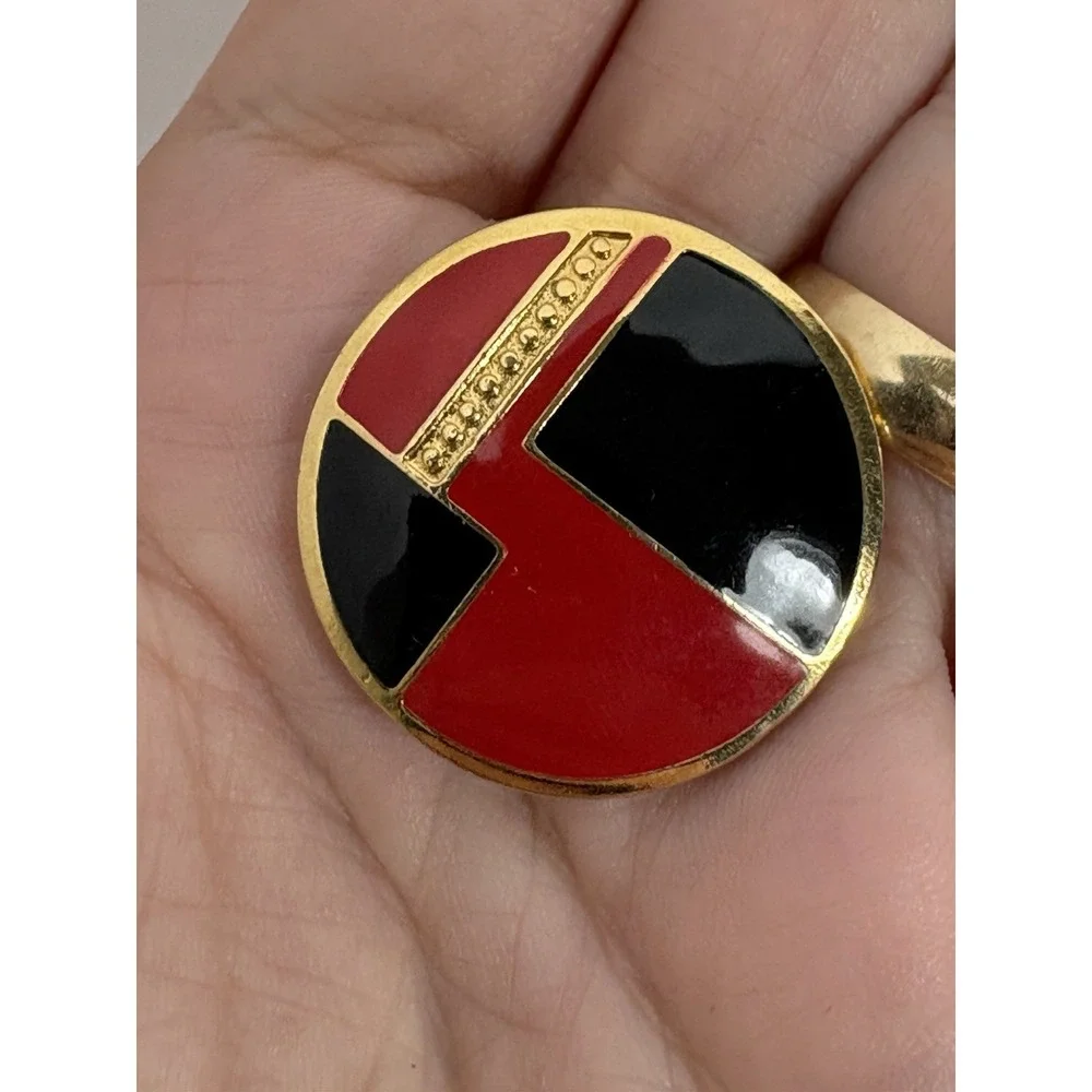 Vintage 80s Brooch By L. Bott Red Black Enamel Gold Tone Pin Signed